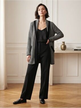 360 Cashmere Black and Gray Open-Front Cardigan